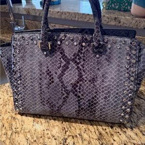 Studded Snake-Print Tote Bag in Blue